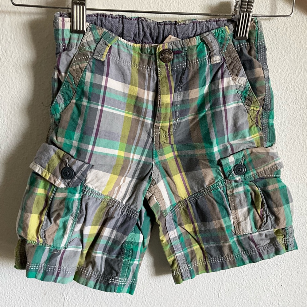 Boys Plaid Cargo Kids Shorts - Teal Green and Gray